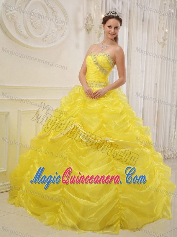 Yellow Quinceanera Dresses with Beading and Ruffled Layers by Organza