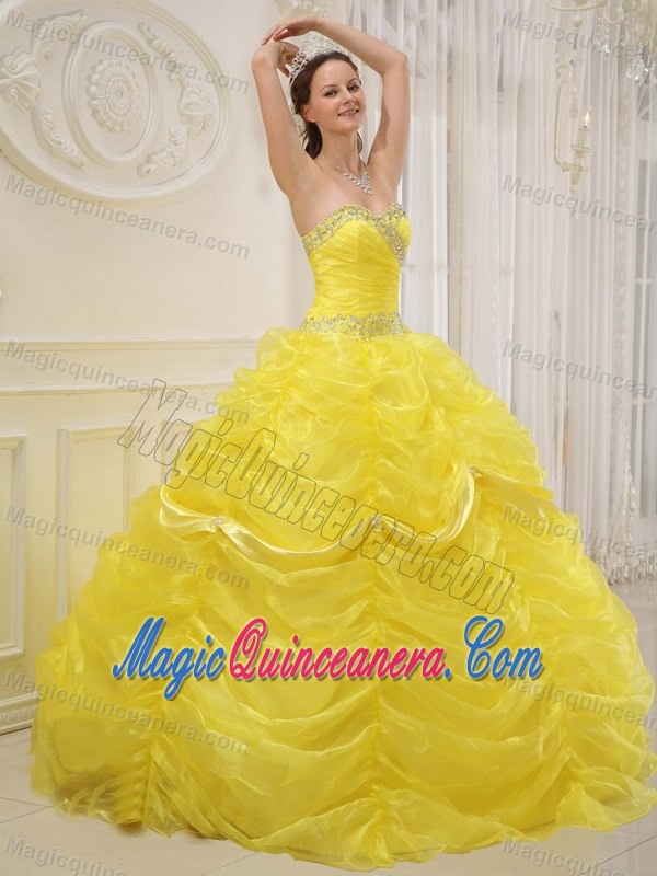 Yellow Quinceanera Dresses with Beading and Ruffled Layers by Organza