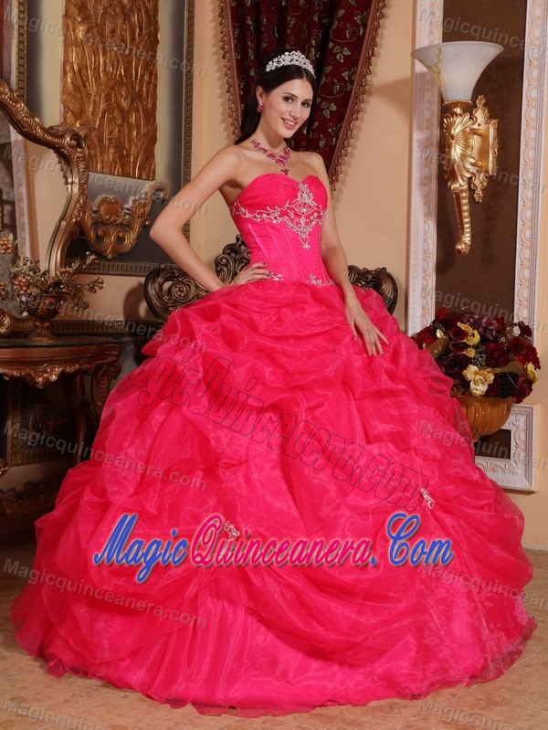 Desirable Hot Pink Organza Pick Ups Dress for Sweet 15 Dresses with Appliques