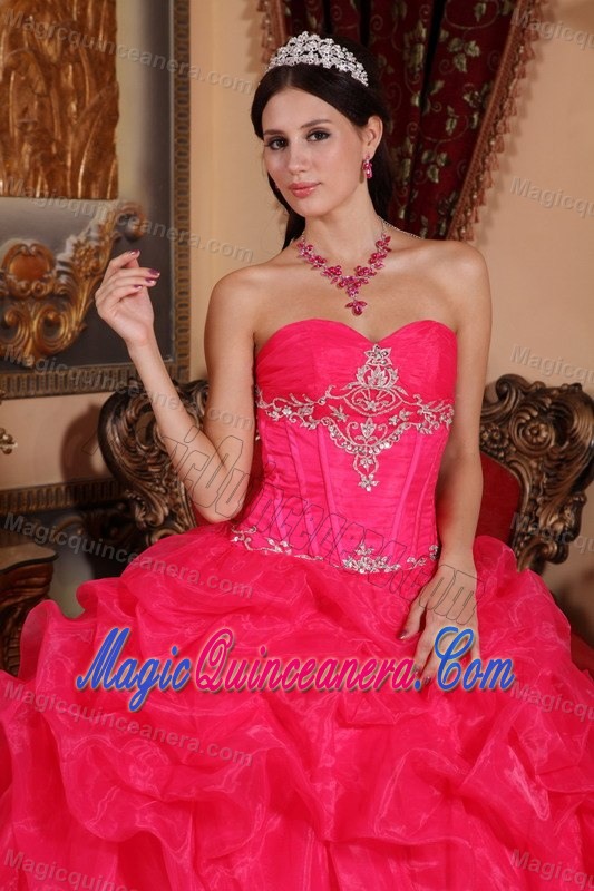 Desirable Hot Pink Organza Pick Ups Dress for Sweet 15 Dresses with Appliques