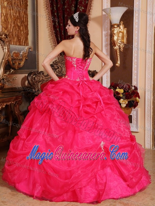 Desirable Hot Pink Organza Pick Ups Dress for Sweet 15 Dresses with Appliques