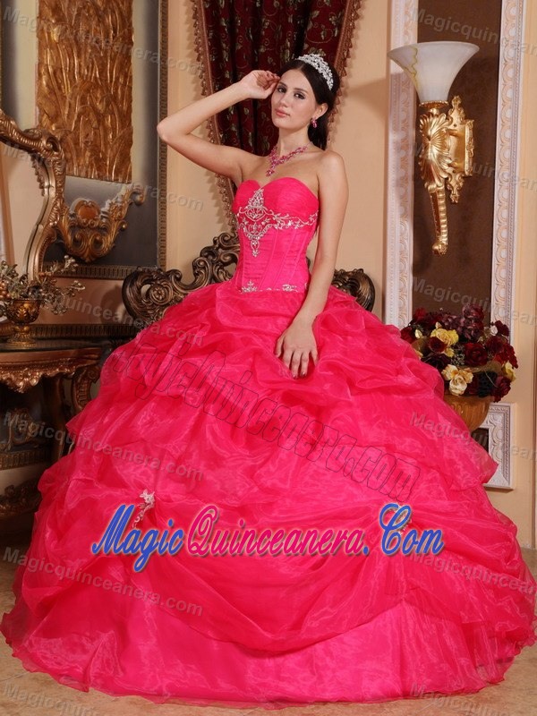 Desirable Hot Pink Organza Pick Ups Dress for Sweet 15 Dresses with Appliques