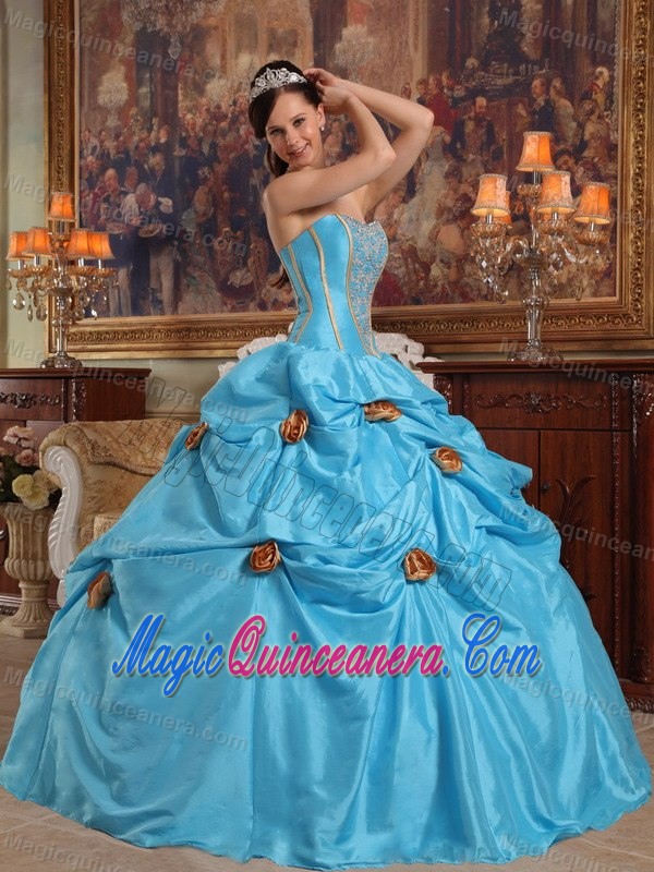 Chic Teal Strapless Taffeta Beading Dresses for Quinceaneras with 3D Flowers