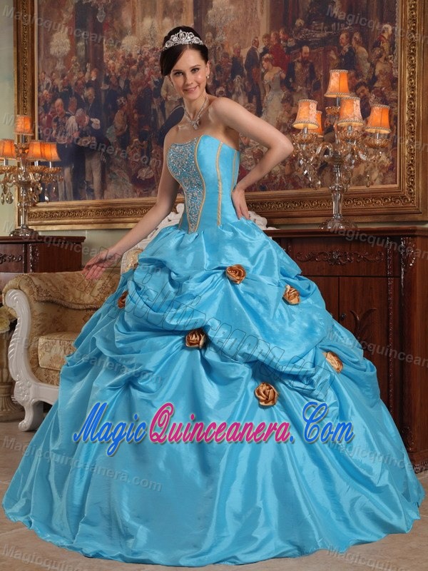 Chic Teal Strapless Taffeta Beading Dresses for Quinceaneras with 3D Flowers