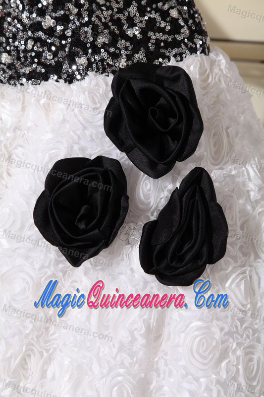 White and Black Quince Dresses with 3D Flowers and Sequins