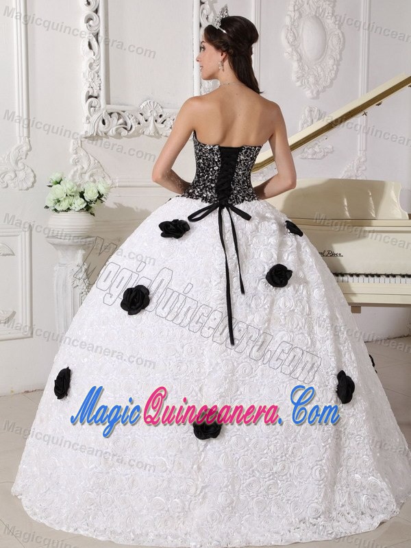 White and Black Quince Dresses with 3D Flowers and Sequins
