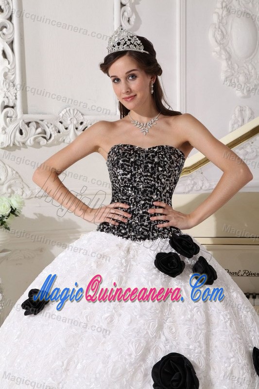 White and Black Quince Dresses with 3D Flowers and Sequins