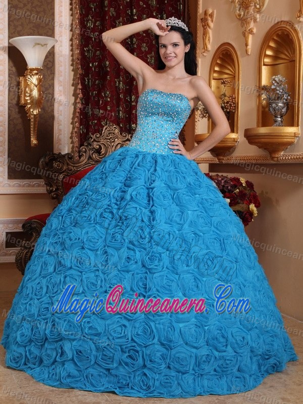 Elegant Blue Strapless Beading Dresses of 15 with Rolling Flowers