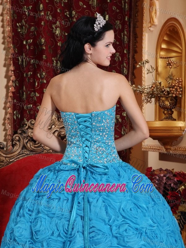Elegant Blue Strapless Beading Dresses of 15 with Rolling Flowers