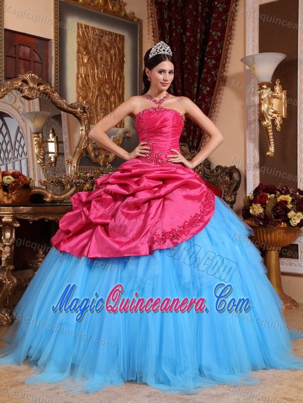 Red and Blue Beading Strapless Dresses for a Quince with Pick-ups