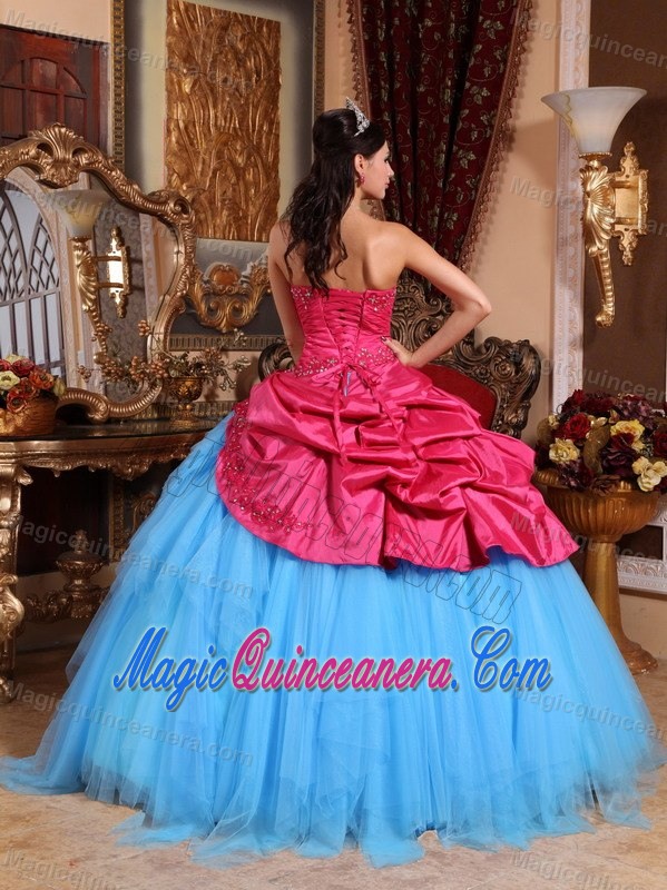 Red and Blue Beading Strapless Dresses for a Quince with Pick-ups