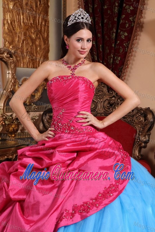 Red and Blue Beading Strapless Dresses for a Quince with Pick-ups