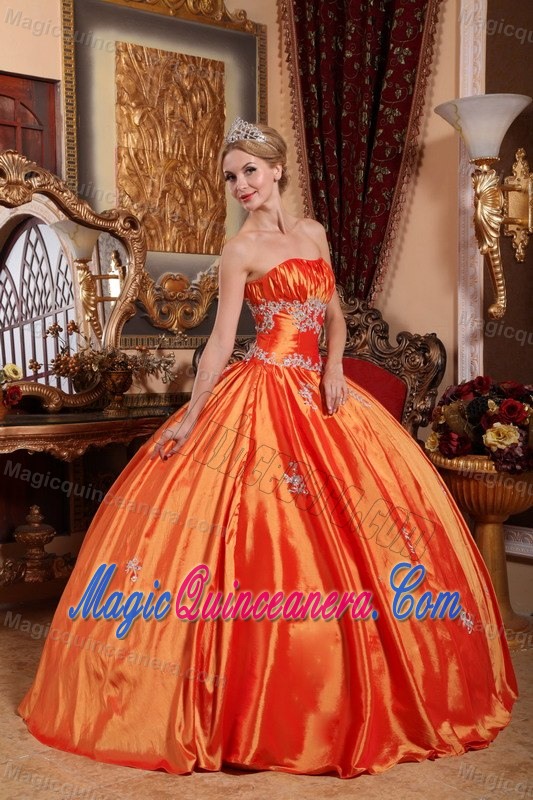 Orange Strapless Quinceanera Gowns with Appliques and Ruches 2013