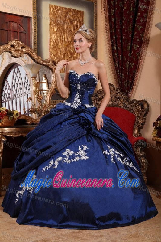 Appliqued Navy Blue Sweetheart Quinceanera Gowns with Pick ups