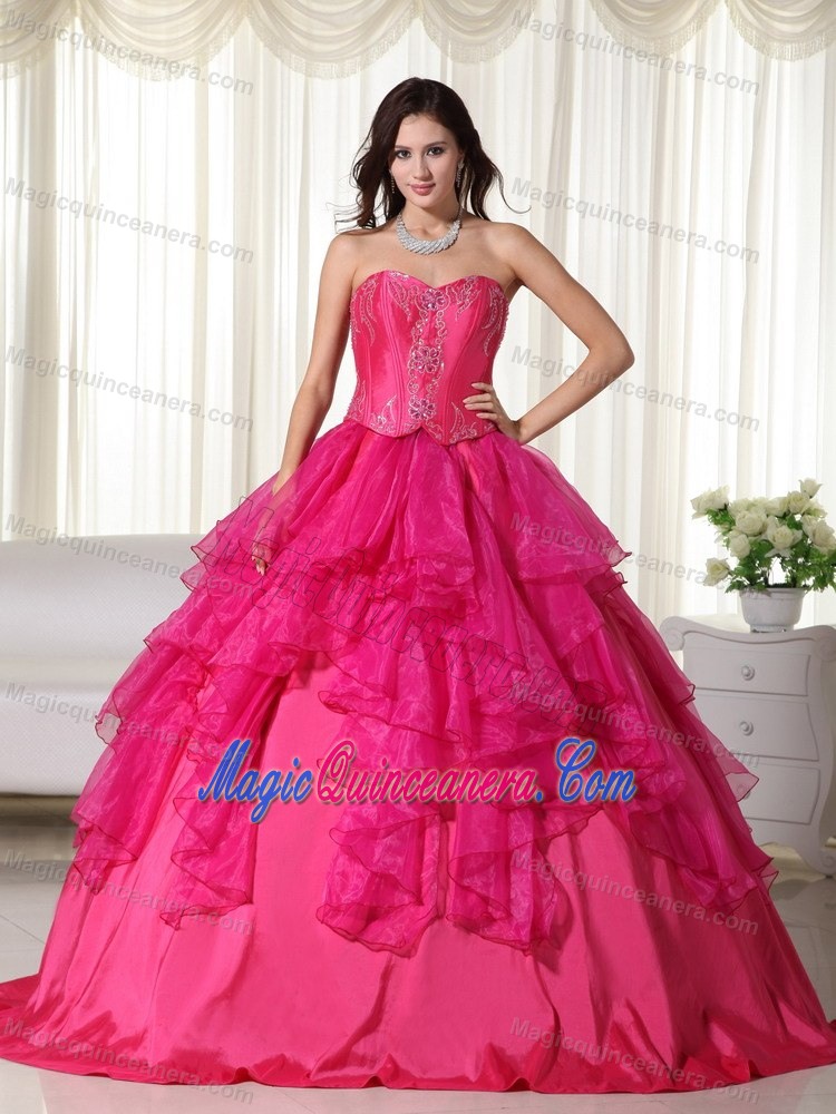 Vestidos Hot Pink Organza Para Quinceaneras with Embroidery