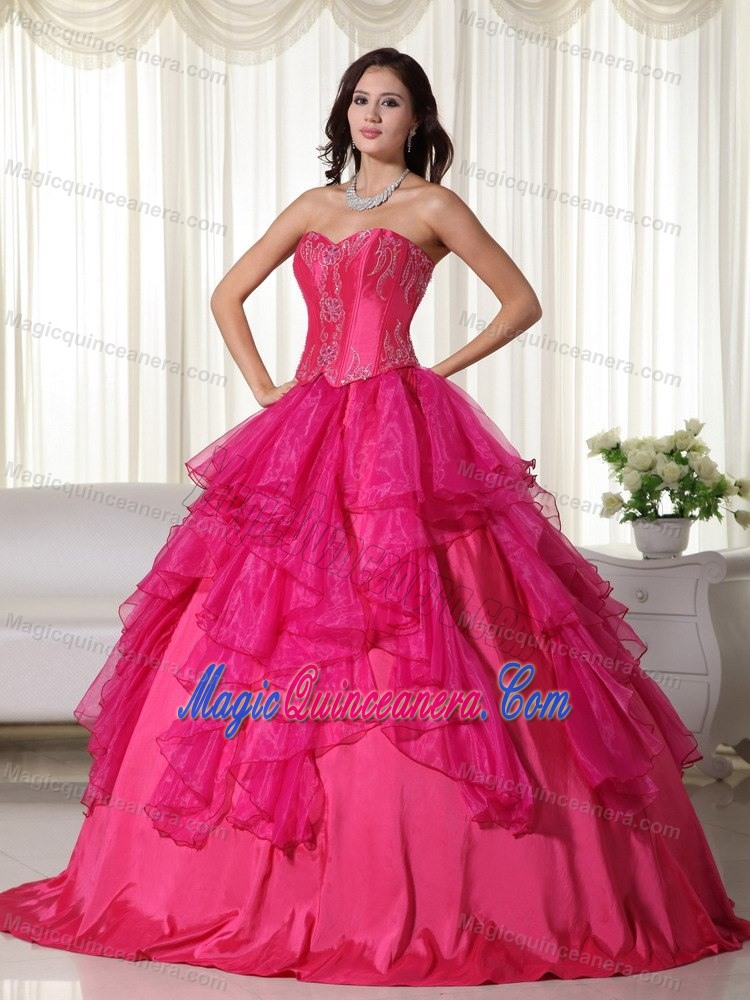 Vestidos Hot Pink Organza Para Quinceaneras with Embroidery