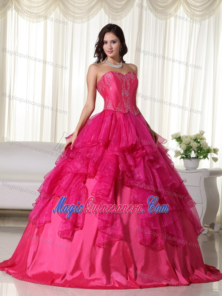 Vestidos Hot Pink Organza Para Quinceaneras with Embroidery