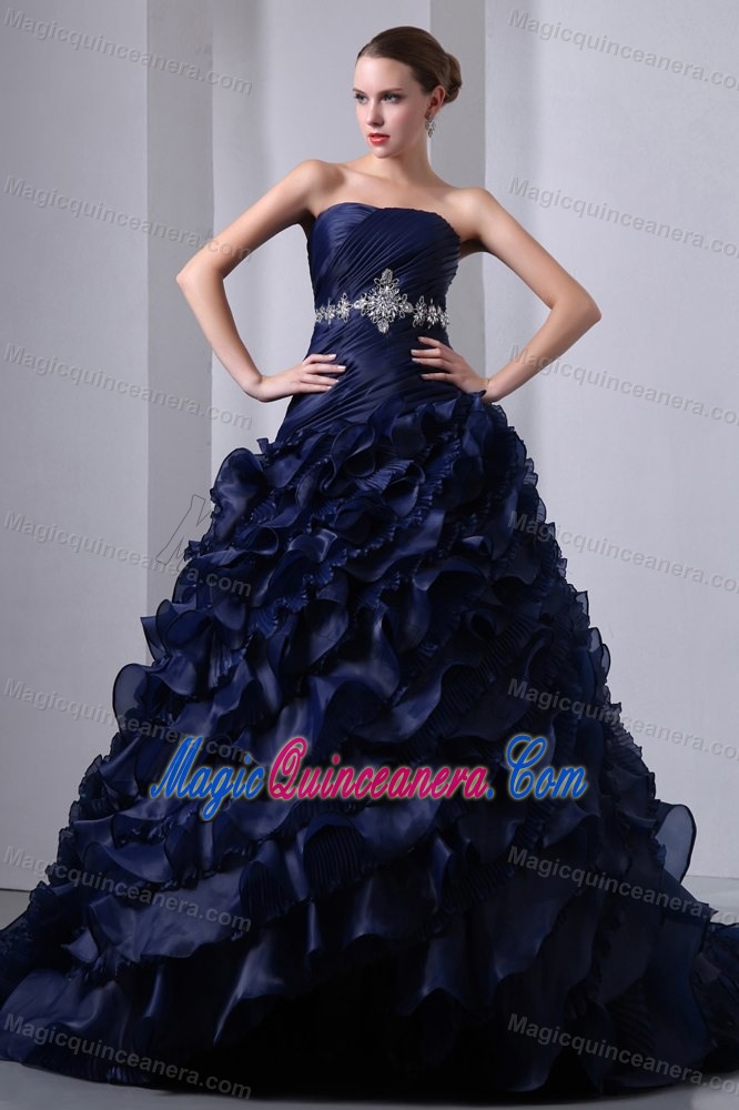 Vestidos Navy Blue Taffeta and Organza Para Quinceaneras with Appliqued Waist