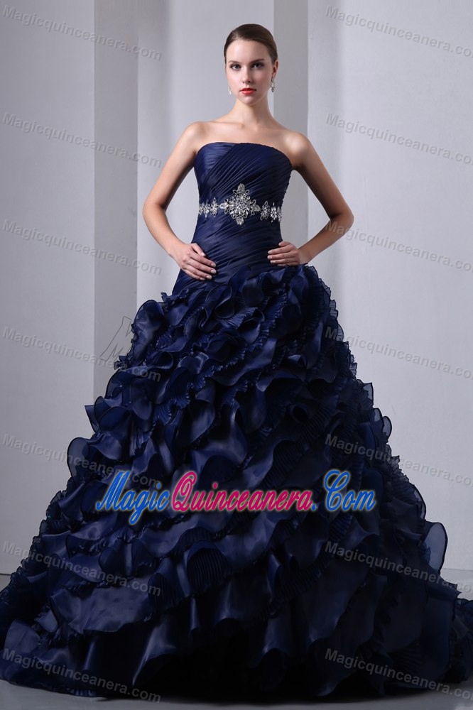 Brush Train Navy Blue Organza Quince Dresses with Beading Ruffles