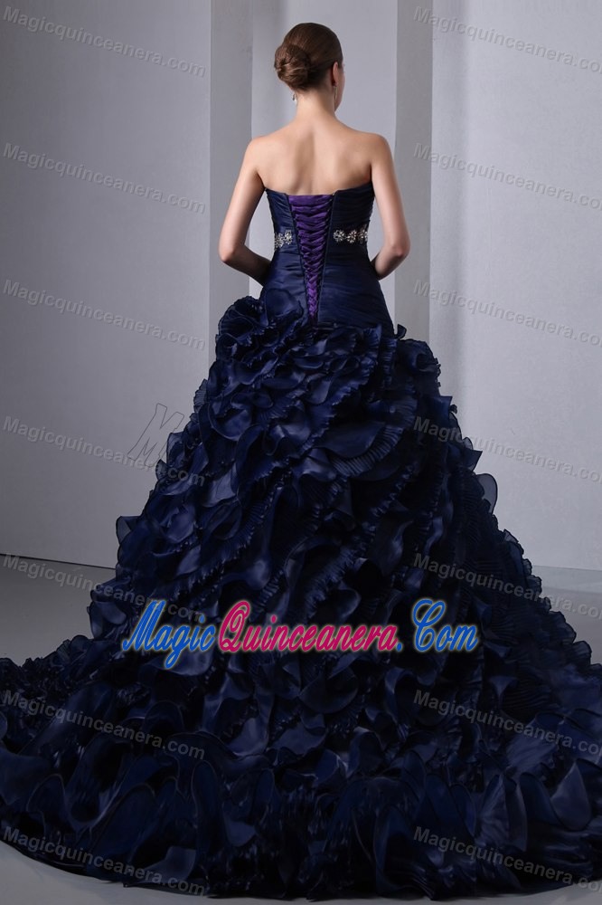 Brush Train Navy Blue Organza Quince Dresses with Beading Ruffles