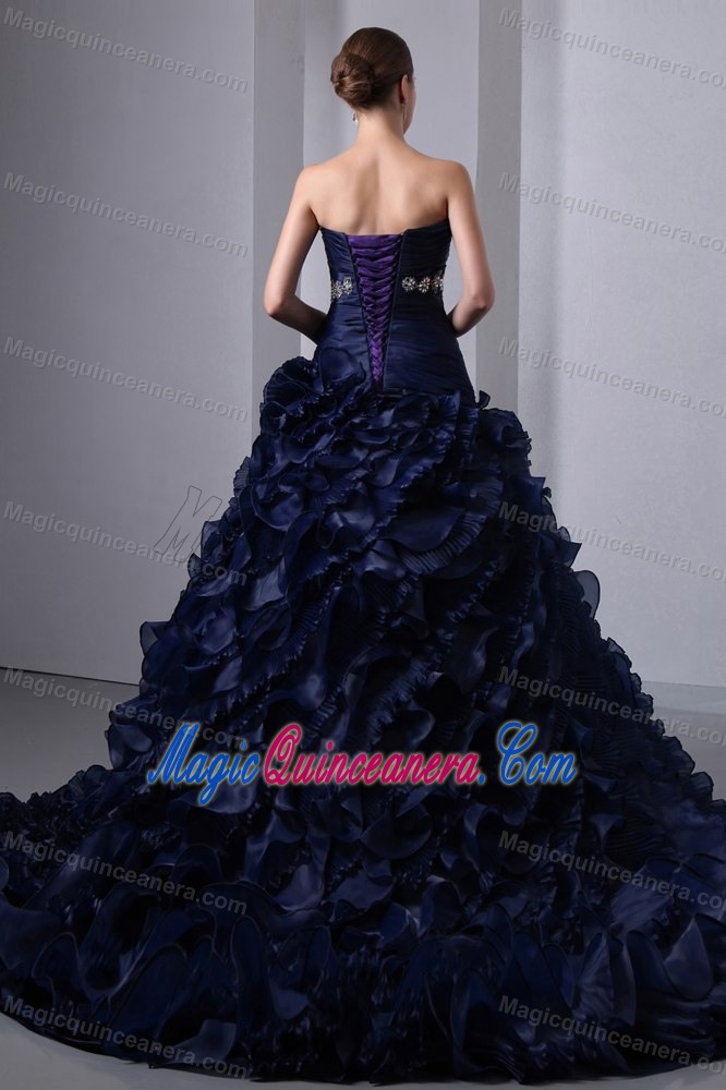 Vestidos Navy Blue Taffeta and Organza Para Quinceaneras with Appliqued Waist