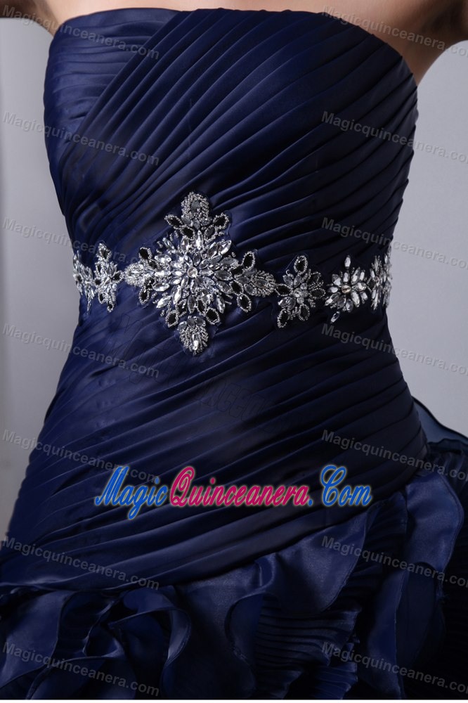 Brush Train Navy Blue Organza Quince Dresses with Beading Ruffles