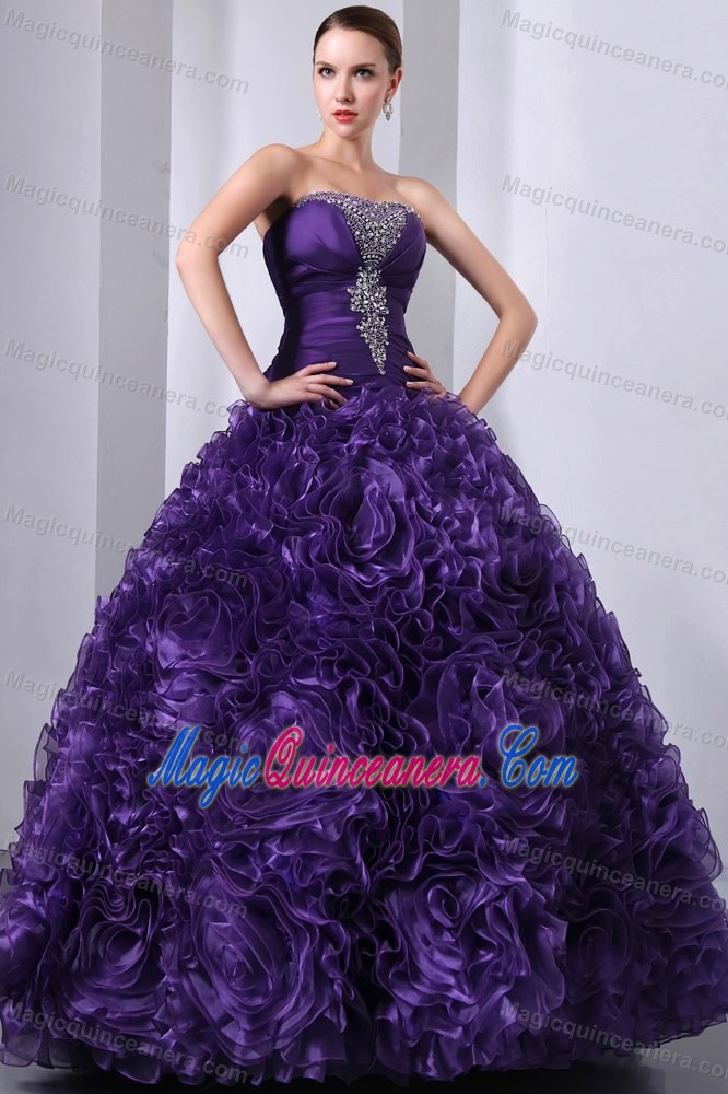 Beading and Rolling Flowers Accent Quince Dresses in Purple 2013