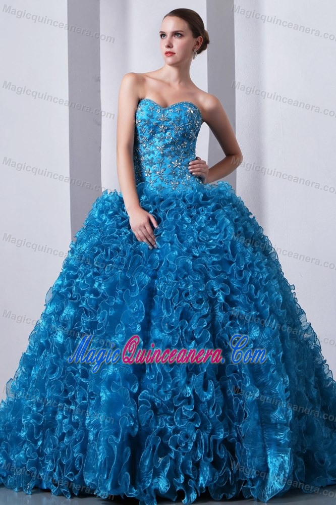 Blue Organza Vestidos Para Quinceaneras with Appliques and Ruffles