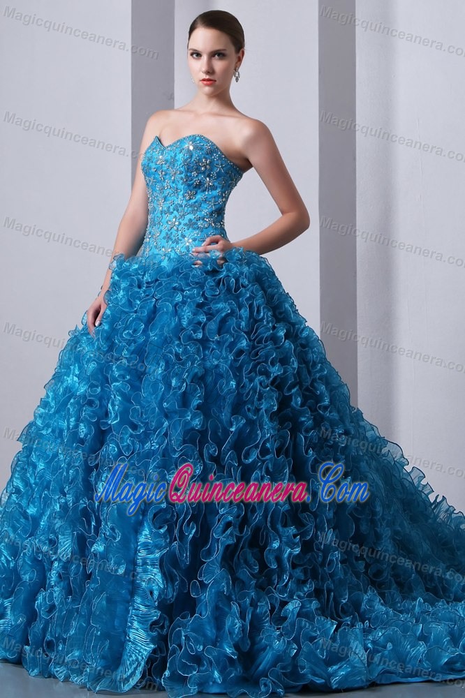 Beading Ruffles Blue Organza Dresses Quinceanera with Brush Train