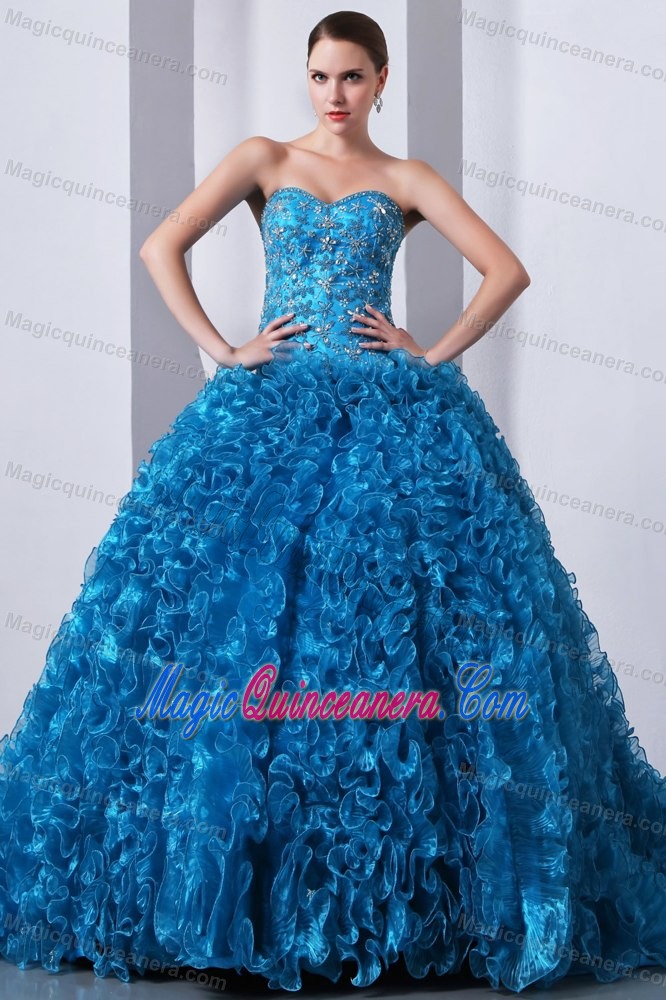 Beading Ruffles Blue Organza Dresses Quinceanera with Brush Train