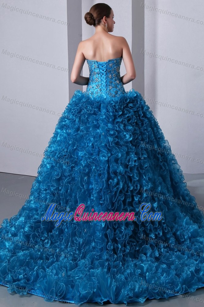 Beading Ruffles Blue Organza Dresses Quinceanera with Brush Train