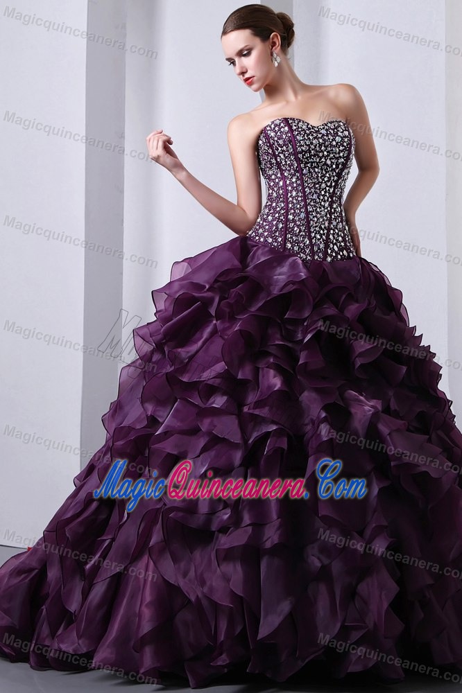 Beaded Bodice Ruffles Brush Dresses Quinceanera in Dark Purple