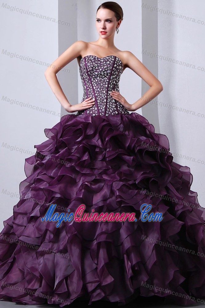 Beaded Bodice Ruffles Brush Dresses Quinceanera in Dark Purple