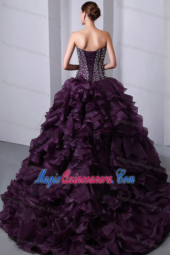 Beaded Bodice Ruffles Brush Dresses Quinceanera in Dark Purple