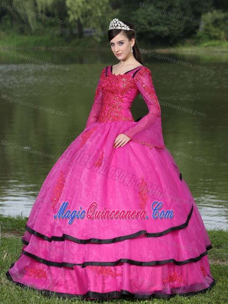 Fuchsia Square Organza Quinceanera Dresses with Long Sleeves 2013