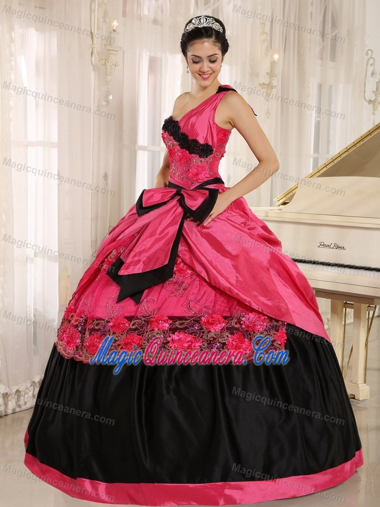 Hot Pink and Black One Shoulder Quinceanera Gown Appliques Bows