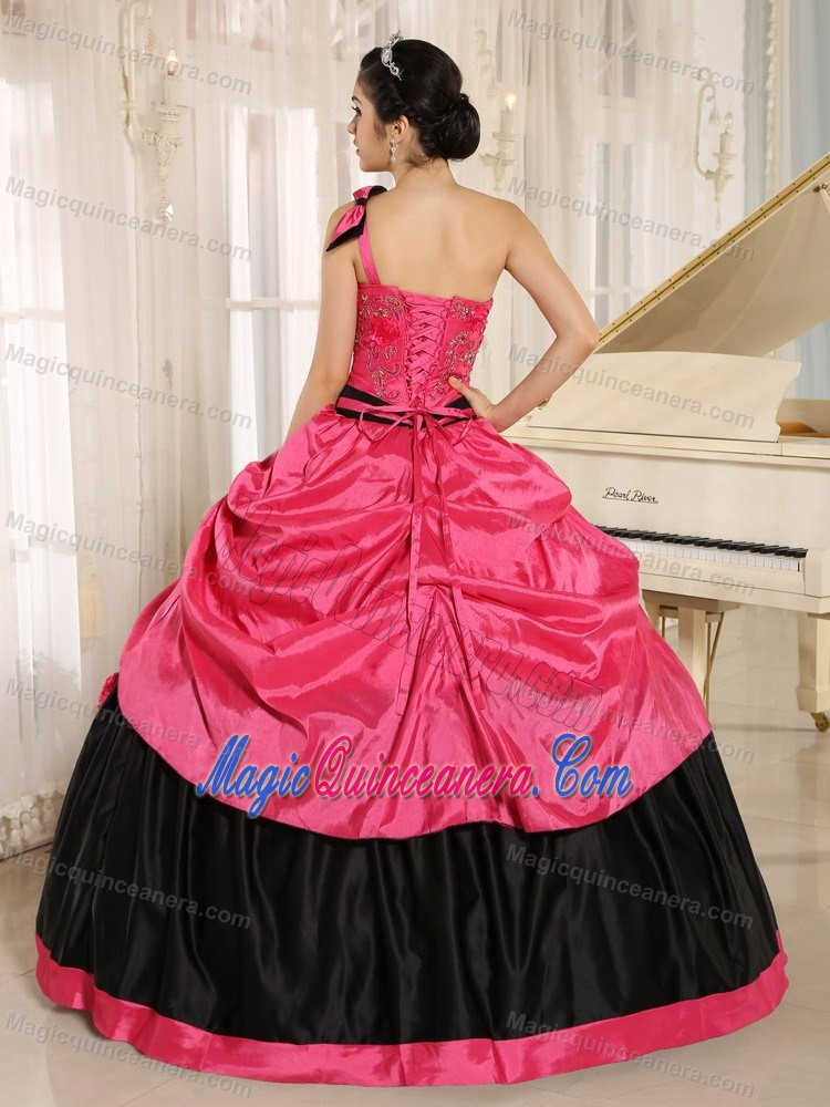 Hot Pink and Black One Shoulder Quinceanera Gown Appliques Bows