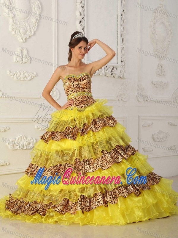 Beaded Bright Yellow Organza Dresses Quinceanera Leopard Print