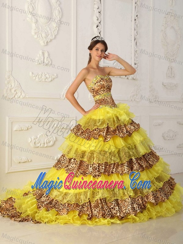 Beaded Bright Yellow Organza Dresses Quinceanera Leopard Print