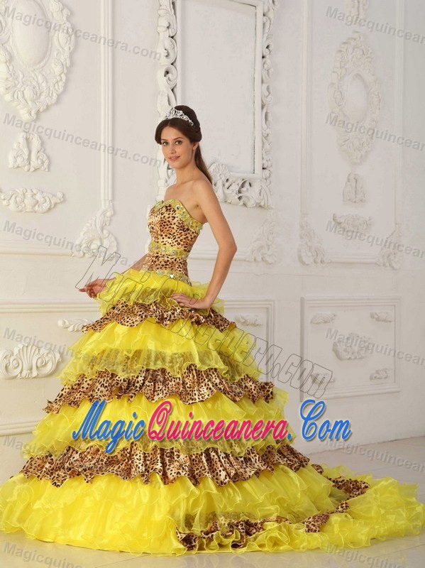 Beaded Bright Yellow Organza Dresses Quinceanera Leopard Print