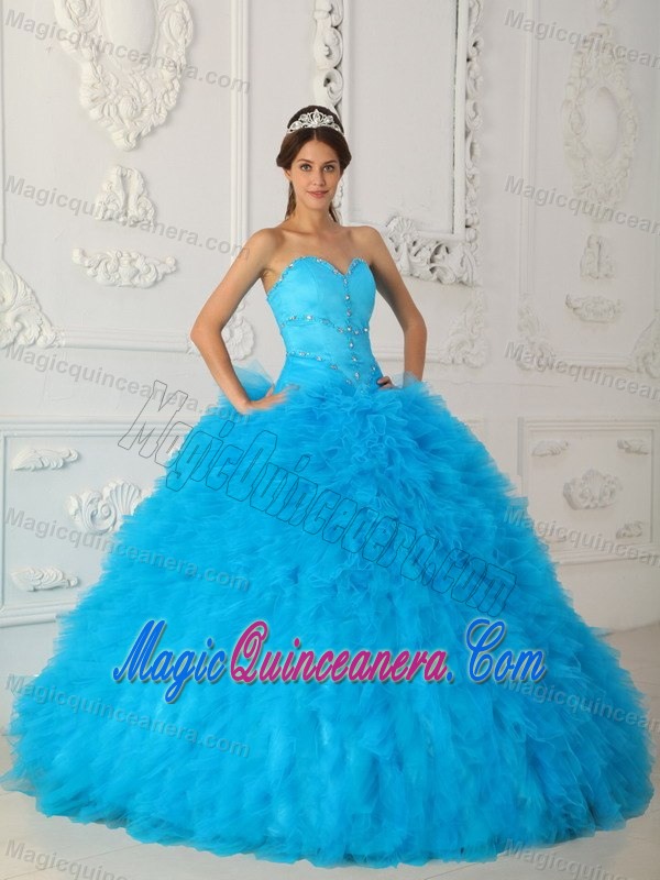Beaded Baby Blue Sweetheart Dress for a Quince with Ruffles 2013