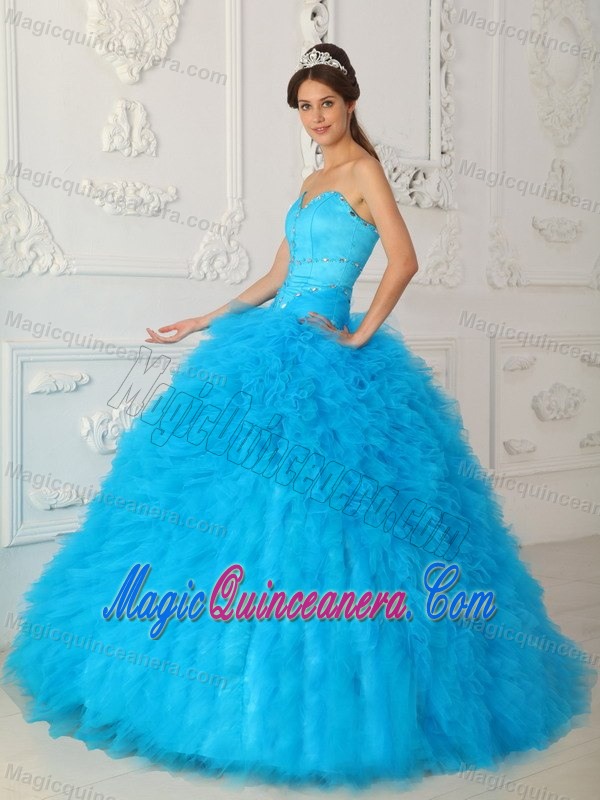 Beaded Baby Blue Sweetheart Dress for a Quince with Ruffles 2013