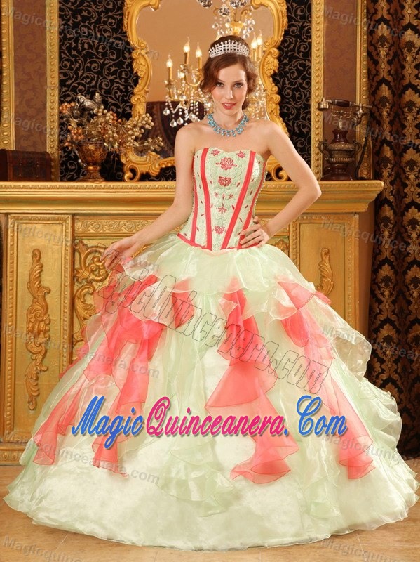 Watermelon and Yellow Green Dresses for a Quince with Embroidery