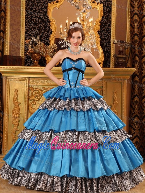 Animal Print Ruffled Layers Blue Taffeta Sweet Sixteen Dresses