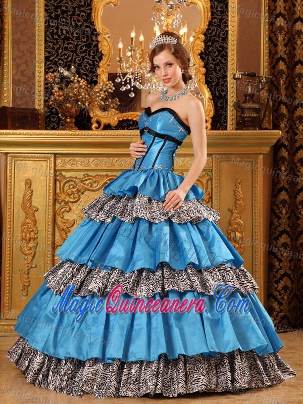 Animal Print Ruffled Layers Blue Taffeta Sweet Sixteen Dresses