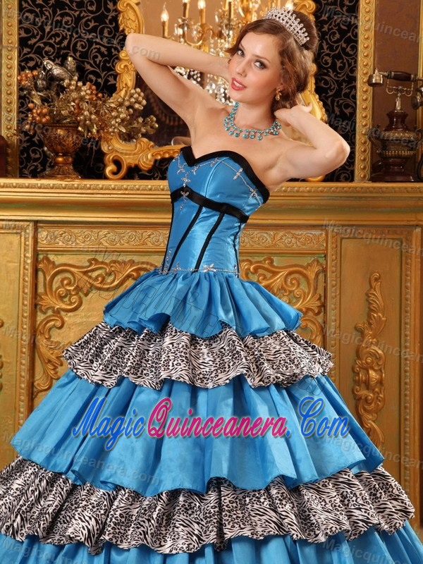 Animal Print Ruffled Layers Blue Taffeta Sweet Sixteen Dresses