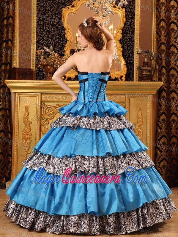 Animal Print Ruffled Layers Blue Taffeta Sweet Sixteen Dresses