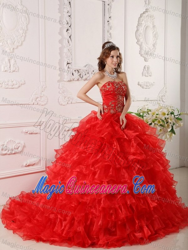 Embroidered and Ruffled Red Sweet Sixteen Dresses with Brush Train
