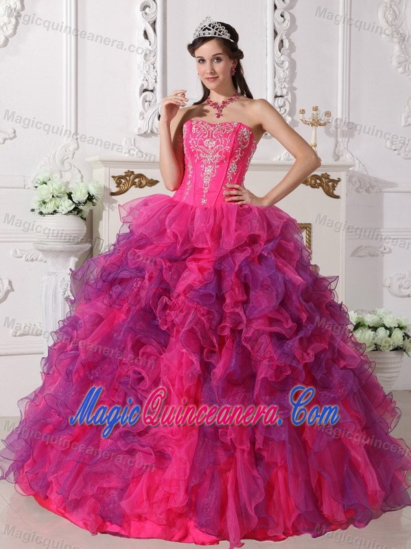 Embroidery Ruffles Sweet Sixteen Dresses in Hot Pink and Lavender