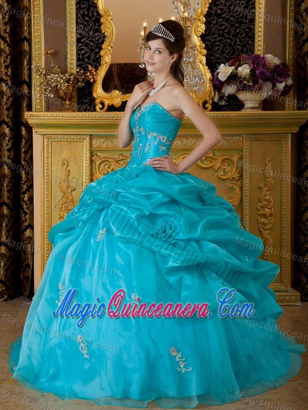 Appliques Pick ups Teal Organza Sweet 15 Dresses in Belem Brazil